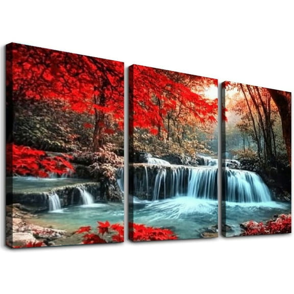 SHANXI  Wall Art Decor Canvas Print Picture Red Forest Waterfalls  Modern Landscape Tree for Living Room Bedroom Kitchen Office Home Decorations Stretched and Framed Ready to Hang 12"x16"x3pcs