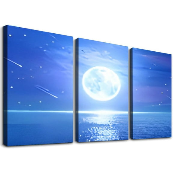 SHANXI  Wall Art Full Moon Picture Canvas Blue Sea Ocean Landscape Print Paintings for Living Room Wall Decor and Home Decor Framed Ready to Hang Waterproof Artwork 12"x16"x3pcs