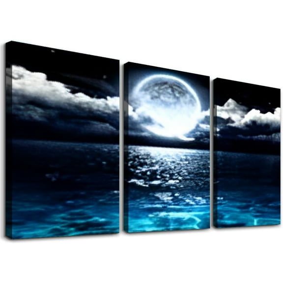 SHANXI Wall Art Moon Sea Ocean Landscape Picture Canvas Wall Art Print Paintings Modern Artwork for Living Room Wall Decor and Home Dcor Framed Ready to Hang,Waterproof Artwork. 12"x16"x3pcs