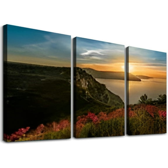 SHANXI  Wall Art Natural Landscape Seascape Sunrise Mountains Red Flowers Picture for Living Room Bedroom Canvas Artwork Prints on Stretched Canvas Framed Pictures Ready to Hang 12"x16"x3pcs