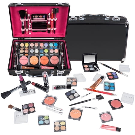 SHANY Carry All Make up Train Case with Pro Makeup Set , Beauty Brushes, Lipsticks, Eye Shadows, Blushes, Powders, and more - Reusable Cosmetics Storage Organizer - Premium Gift Packaging - Black