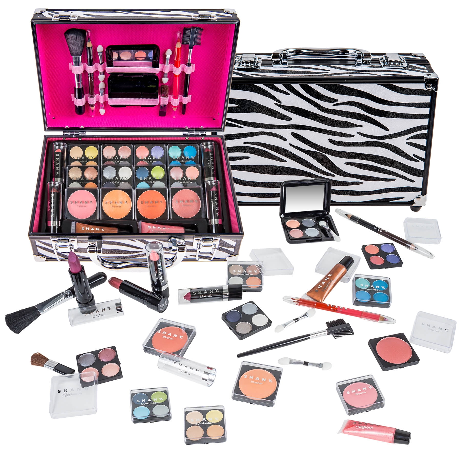SHANY Carry All Make up Train Case with Pro Makeup Set , Beauty Brushes, Lipsticks, Eye Shadows, Blushes, Powders, and more - Reusable Cosmetics Storage Organizer - Premium Gift Packaging - Zebra