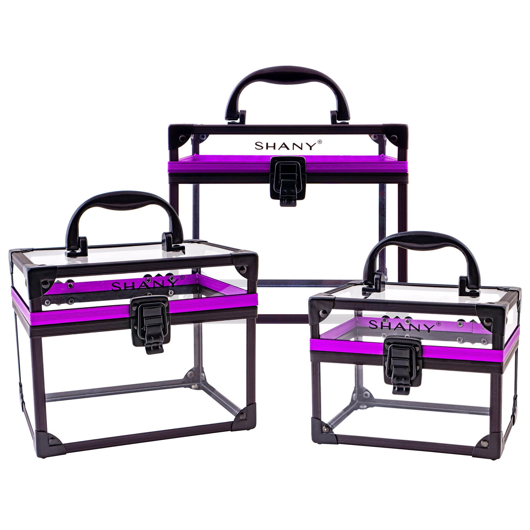 SHANY Clear Cosmetics and Toiletry Train Case - Clear Travel Makeup Bag Case Organizer with Secure Closure and Black/Purple Accents - 3PC Set