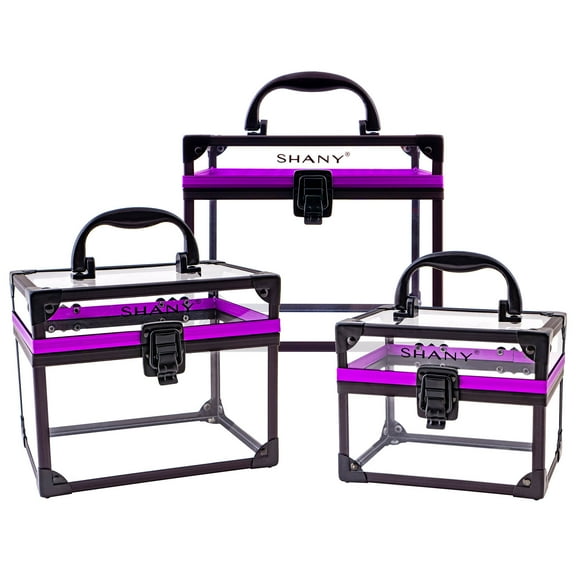 SHANY Clear Cosmetics and Toiletry Train Case - Clear Travel Makeup Bag Case Organizer with Secure Closure and Black/Purple Accents - 3PC Set