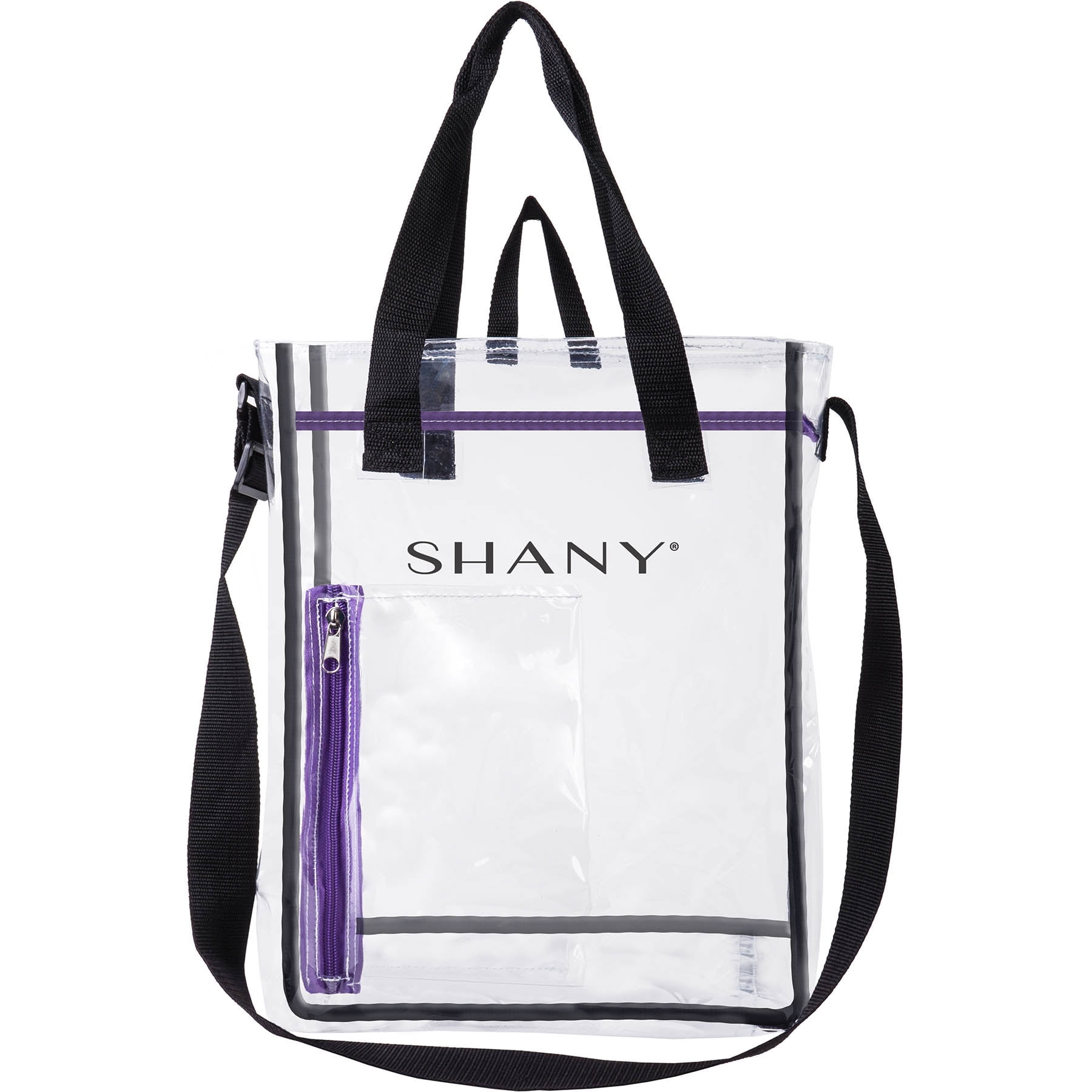 SHANY Clear Toiletry and Makeup Carry-On Travel Bag â€“ Large Multiple  Handle, Two-Tone Tote with Purple Front Zippered Pocket 