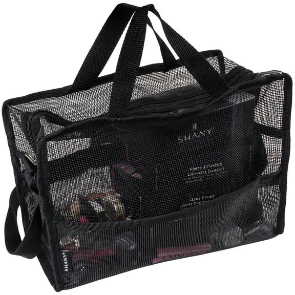 SHANY Collapsible Makeup Tools Travel Mesh Bag Large See-Thru Travel Tote with Shoulder Straps Water-Resistant with Zippered Pockets Black