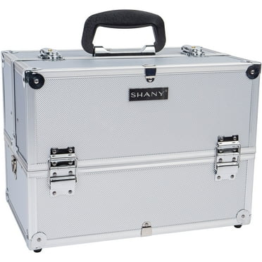 SHANY Essential Pro Makeup Train Case Cosmetic Box Portable Makeup Case Cosmetics Beauty Organizer Jewelry storage with Locks , Multi Compartments Makeup Box and Shoulder Strap - Silver
