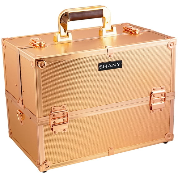 SHANY Essential Pro Makeup Train Case Cosmetic Box Portable Makeup Case Cosmetics Beauty Organizer Jewelry storage with Locks , Multi Compartments Makeup Box and Shoulder Strap - Rose Gold