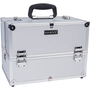 SHANY Essential Pro Makeup Train Case Cosmetic Box Portable Makeup Case Cosmetics Beauty Organizer Jewelry storage with Locks , Multi Compartments Makeup Box and Shoulder Strap - Silver