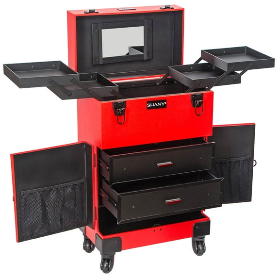 SHANY Large Travel Makeup Case with Mirror - Rolling Cosmetics Case with Multiple Compartments and 360 Degree Wheels - RED