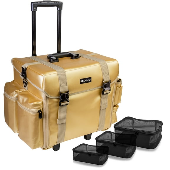 SHANY Makeup Artist Soft Rolling Trolley Cosmetic Case with Free Set of Mesh Bag Makeup Organizer - Travel Rolling Makeup Bag - Gold Medal