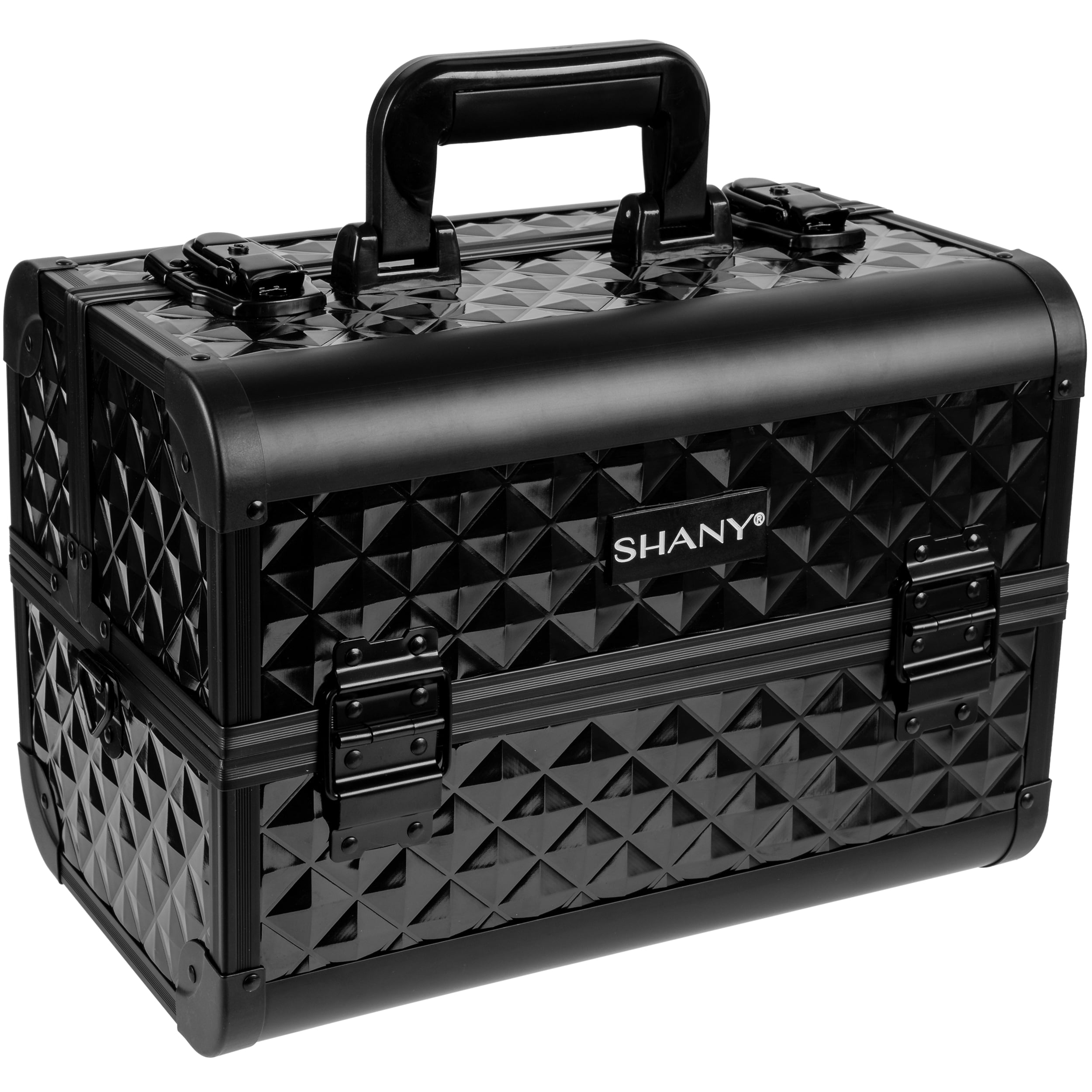 SHANY Premier Fantasy Professional Makeup Train Case Cosmetic Box Portable Make up Case Organizer Jewelry storage with Locks, 3 Trays , Makeup Brush Holder and Cosmetics Mirror - Onyx Black