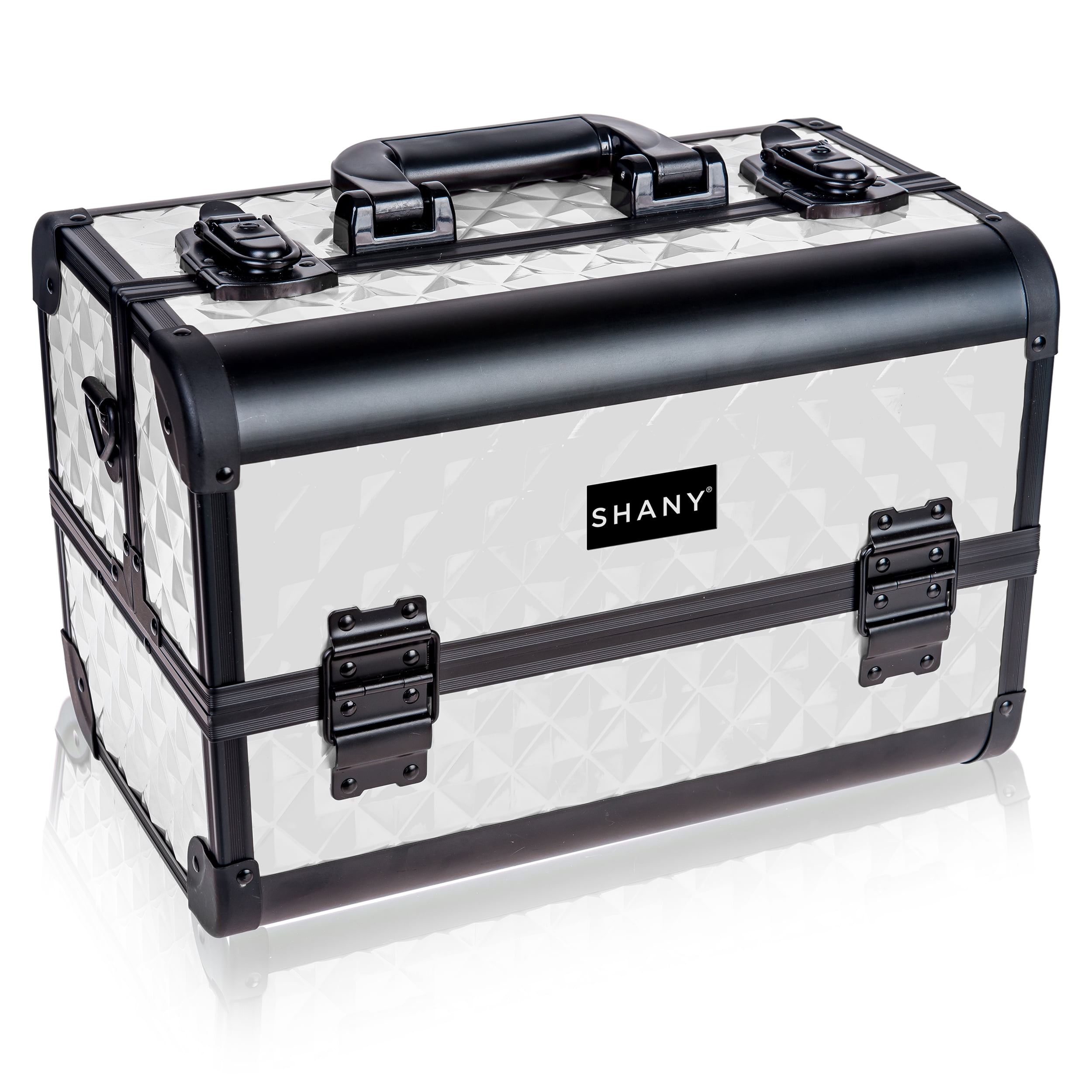 SHANY Premier Fantasy Professional Makeup Train Case Cosmetic Box Portable Makeup Case Organizer Jewelry storage with Locks , 3 Trays , Makeup Brush Holder and Cosmetics Mirror - Pure White