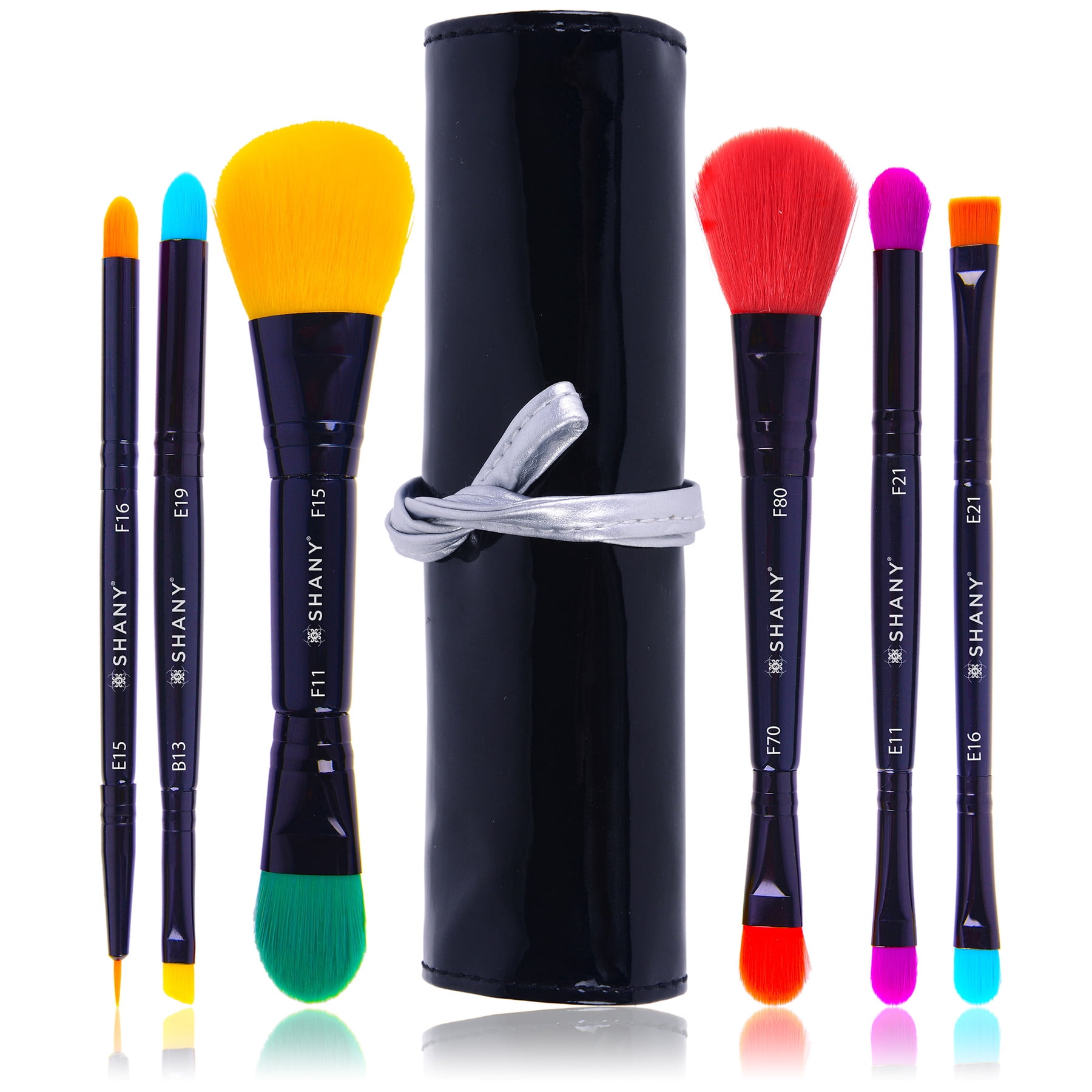 SHANY Vegan Makeup Brushes - LUNA - 6 PC Double Sided Travel Make up Brushes with 12 unique Bristles sides - Brush storage Pouch - Synthetic Cosmetics Brush