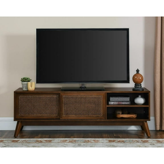 SHAORONG 59 Inch Mid Century Modern TV Stand with Rattan Cabinet Doors, Boho Entertainment Center for 55/60/65 inch TV, Media Console Credenza Table for Living Room/Bedroom, Dark Walnut