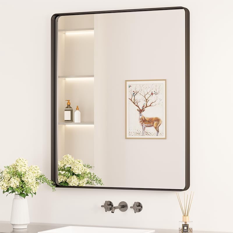 SHAORONG Black Framed Mirrors for Bathroom 30 x 36 Inch Rounded ...