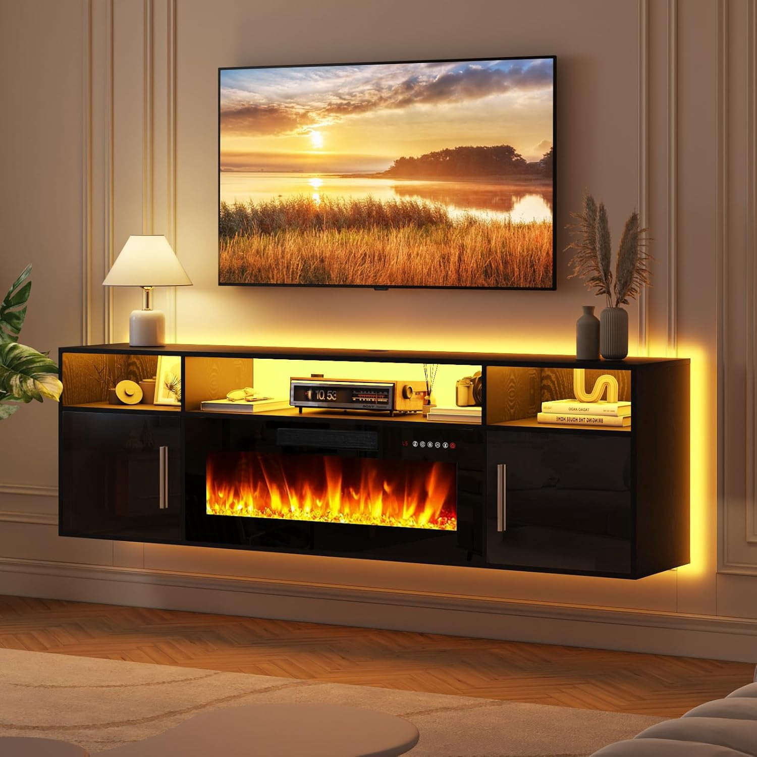 SHAORONG Floating Fireplace TV Stand 70'' Wall Mounted Shelf, LED Light ...