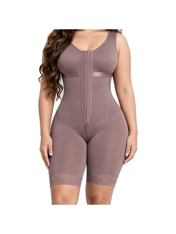 Fajas Colombianas for Women Post Tummy Control Bodysuit Surgery Full Body Shaper Butt Lifter Hook Shapewear with Zipper Crotch Mauve XL