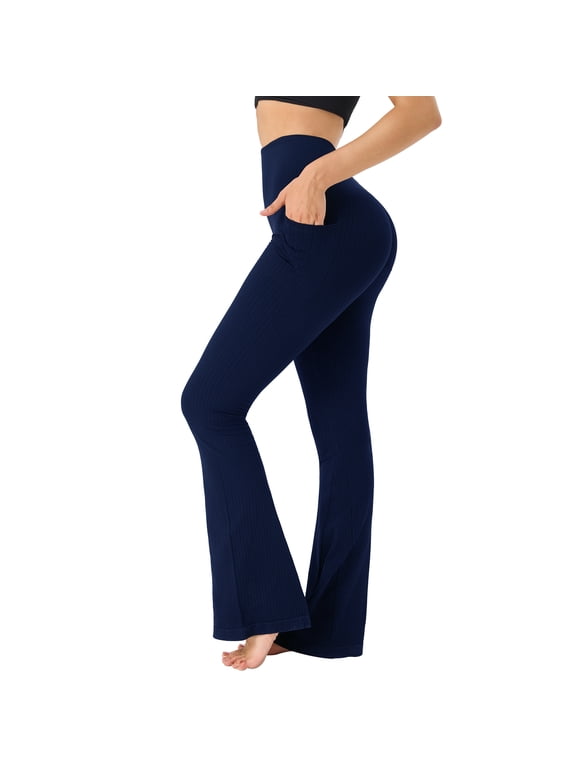 Flare Leggings for Women V Back Scrunch High Waist Butt Lifting Bootcut Yoga Pants with Pockets Tummy Control High Stretch Ribbed Workout Pants Navy Blue S-2XL