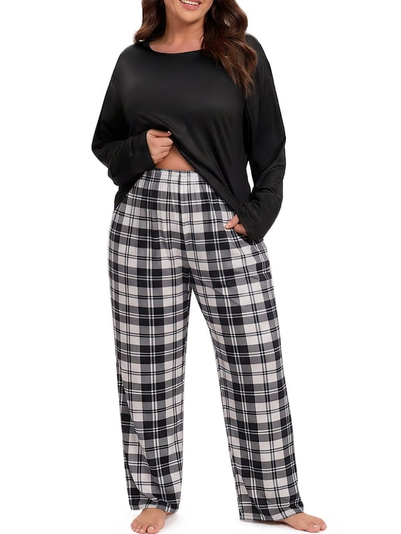 Plus Size Pajama Sets for Women Crew Neck Long Sleeve Lounge Sets 2-Piece Black Plaid Sleepwear with Pocket XL-5XL