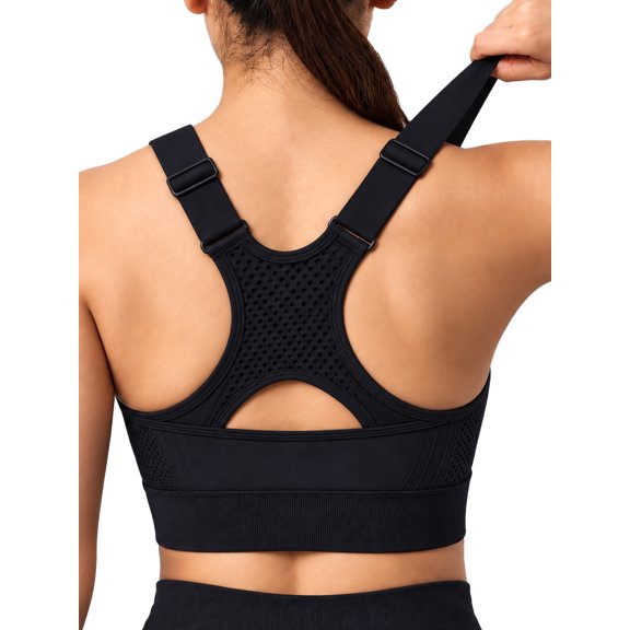 SHAPECQB Sports Bras for Women Racerback Adjustable Strap High Support Padded Workout Seamless Bra for Yoga Gym Black S‑2XL