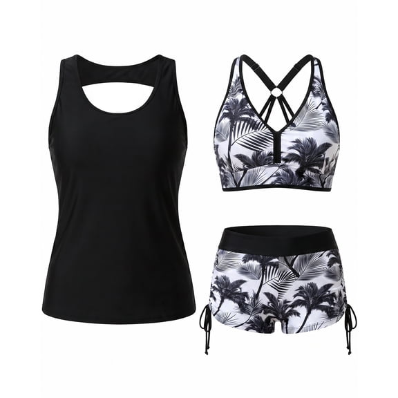 SHAPECQB Tankini Swimsuits for Women 3 Piece Bathing Suits Tummy Control Tankini Top with Drawstring Boyshorts Modest Print Swimwear Black XL