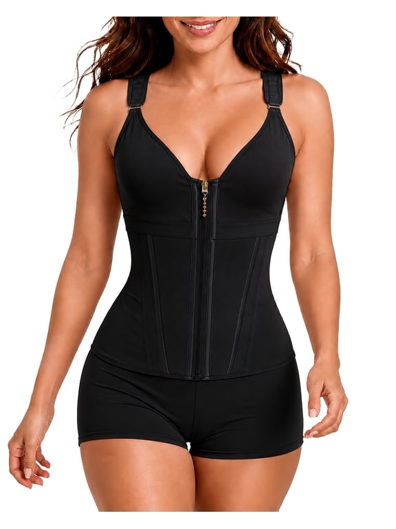 Waist Trainer Corset for Women Tummy Control Sport Workout Shapewear Postpartum Gym Zipper and Hooks Body Shaper Vest Black 3XL