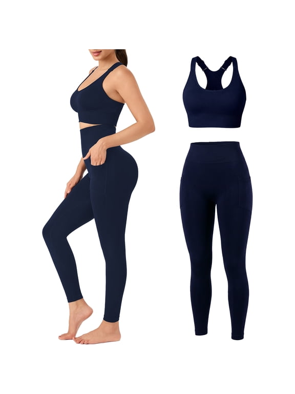 Workout Sets for Women 2 Piece acerback Sports Bra with Pads High Waist Tummy Control Yoga Leggings with Pockets Gym Activewear Outfit
