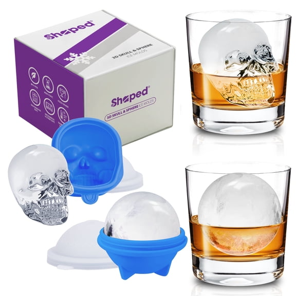 Shaped 3D Skull and Sphere Ice Molds Set, Large Whiskey Ball Ice Tray, Spherical Ice Makers - 2 in 1