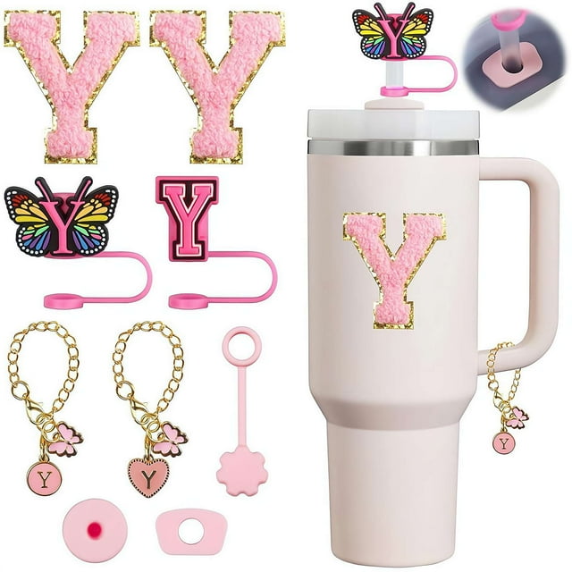 SHAPERME Compatible with Stanley Cup Accessories, 2PCS Butterfly Letter Charms with 4PCS 10mm Stanley Straw Cover Cap for Stanley Cup