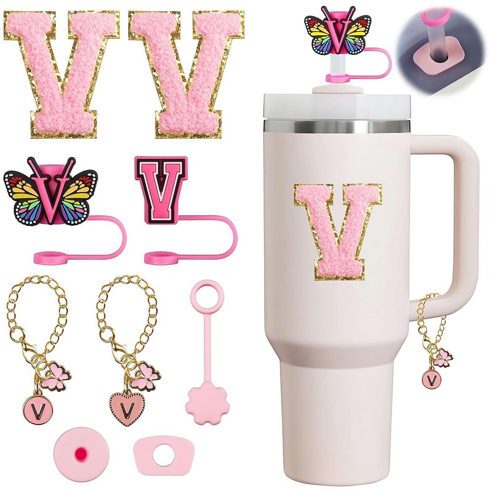 9-Piece Pink Stanley Cup Accessories Set – Includes Strap, Boot, Straw Topper, Charms & More