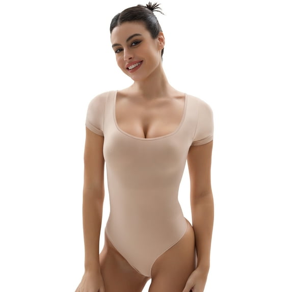 SHAPERX Square Neck Short Sleeve Bodysuit for Women Tummy Control Shapewear Seamless Sculpting Body Shaper