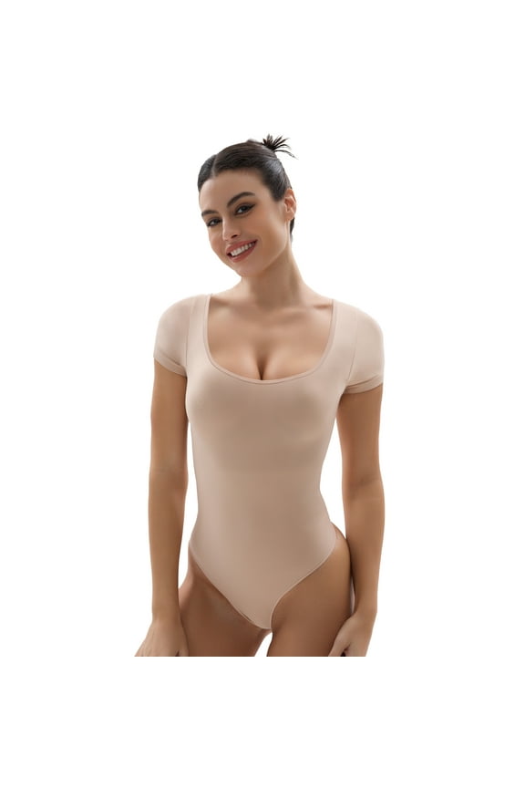 Square Neck Short Sleeve Bodysuit for Women Tummy Control Shapewear Seamless Sculpting Body Shaper