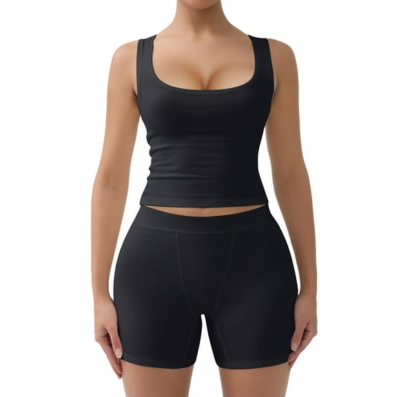 SHAPERX Women's 2 Piece Ribbed Knit Workout Outfits Scoop Neck Tank Top and Soft Boxer Lounge Activewear Sets