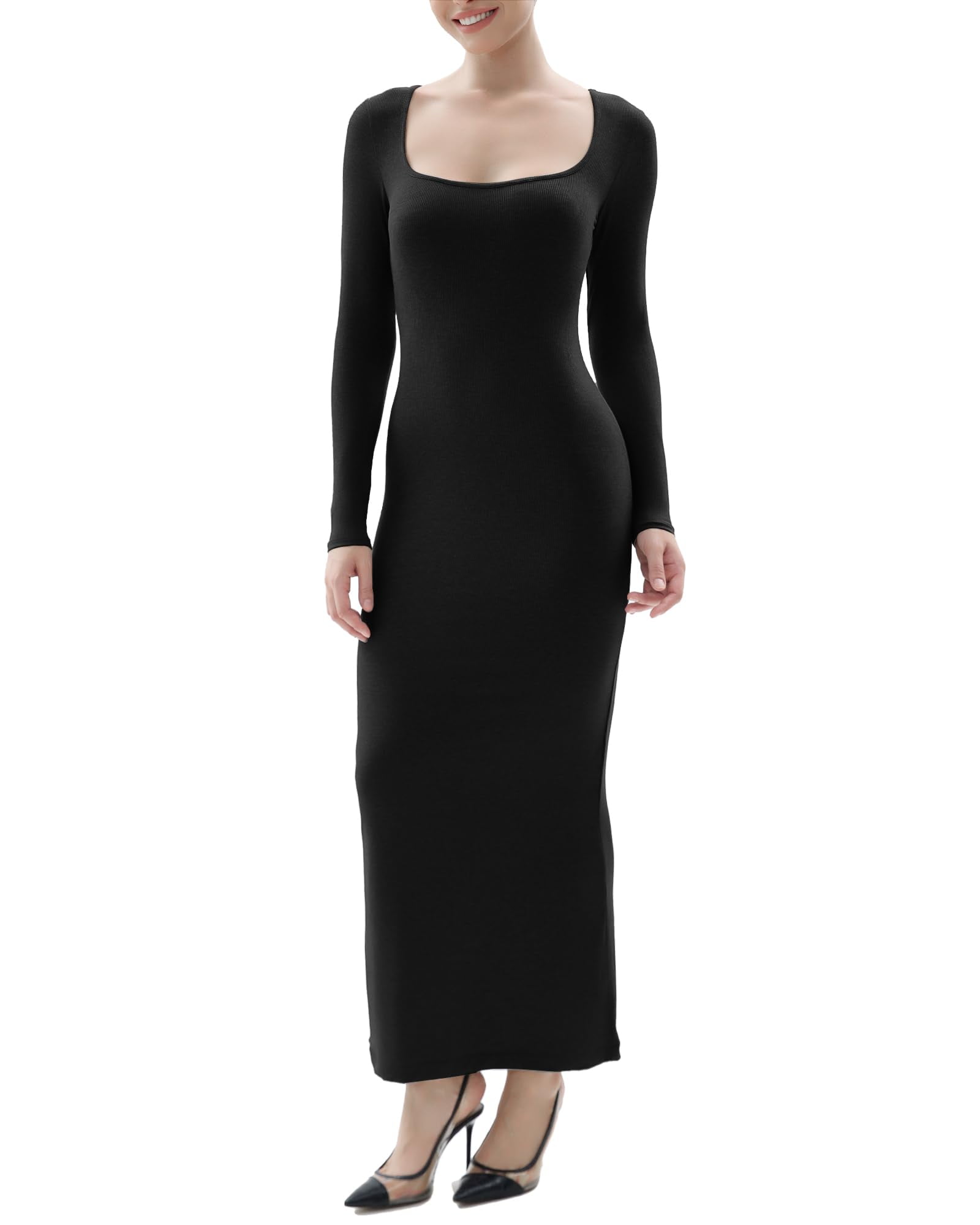 Shaperx Women's Long Sleeve Dress Soft Lounge Ribbed Square Neck Bodycon Maxi Dresses