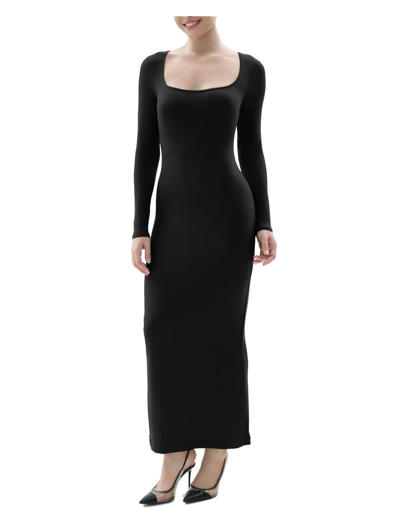 SHAPERX Women's Long Sleeve Dress Soft Lounge Ribbed Square Neck Bodycon Maxi  Dresses - Walmart.com