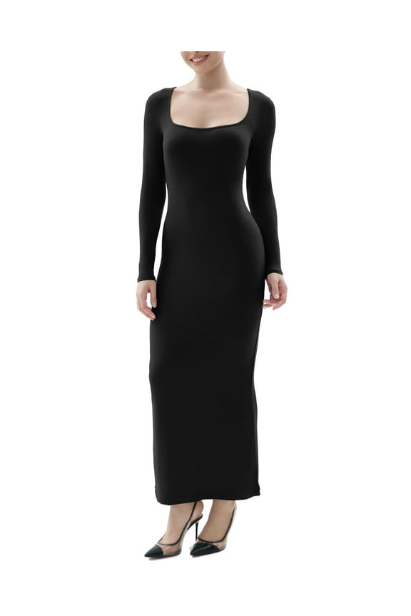 Women's Long Sleeve Dress Soft Lounge Ribbed Square Neck Bodycon Maxi Dresses