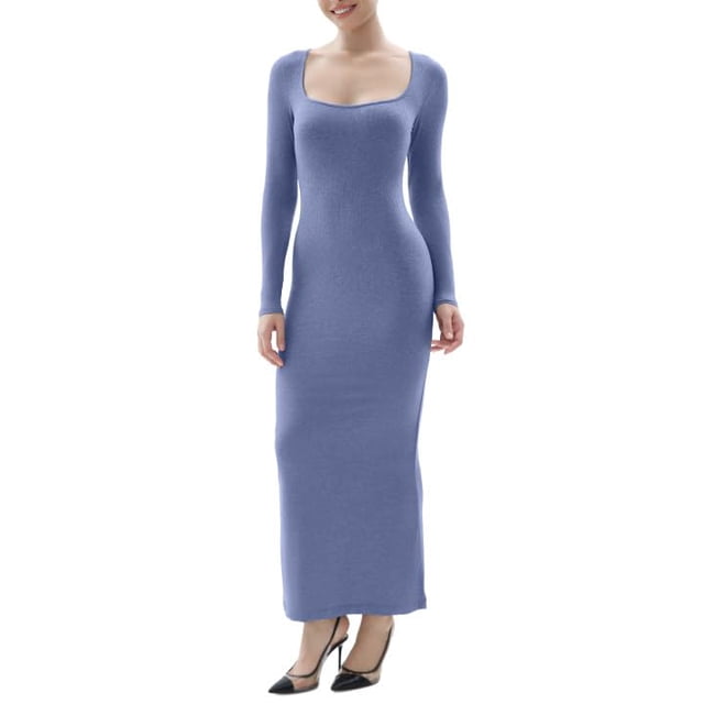SHAPERX Women's Long Sleeve Dress Soft Lounge Ribbed Square Neck Bodycon Maxi Dresses