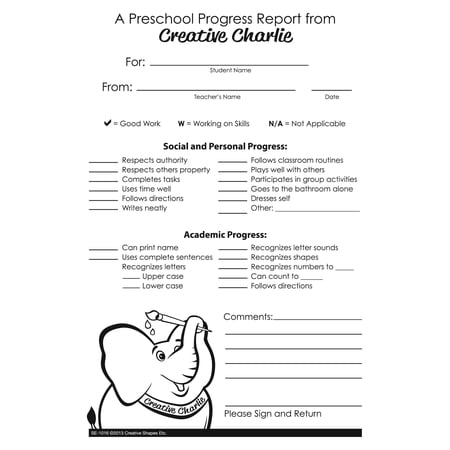 SHAPES ETC. Notes from Teachers - Creative Charlie Preschool Progress Report