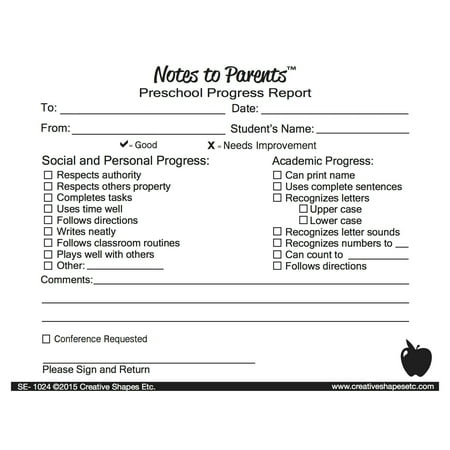 SHAPES ETC. Preschool Progress Report - Notes to Parents