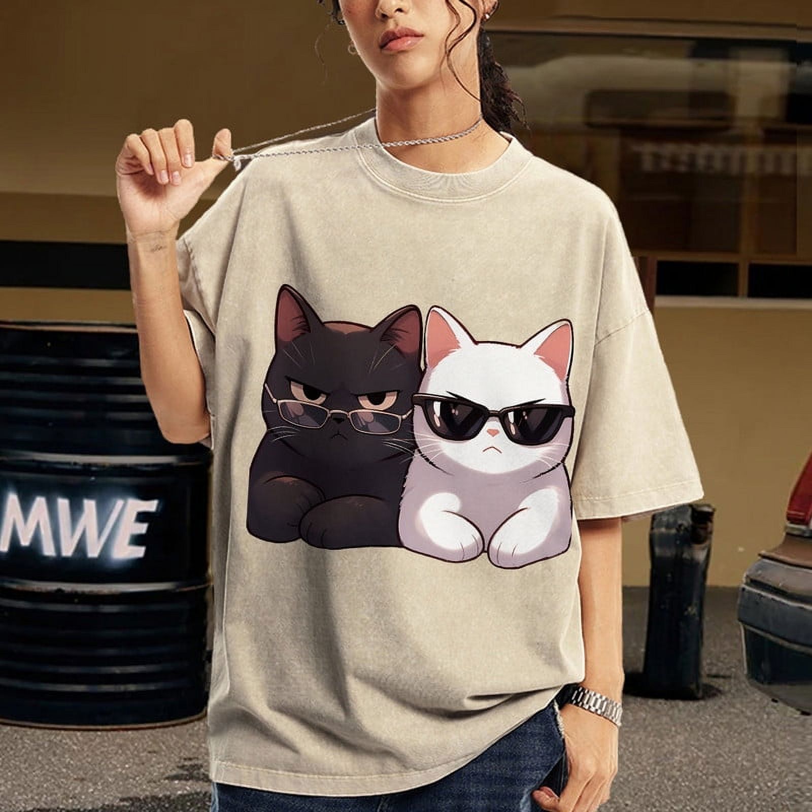 SHAPESHE Cute Cat Unisex Oversized Print Fashion Wash Denim Retro Short