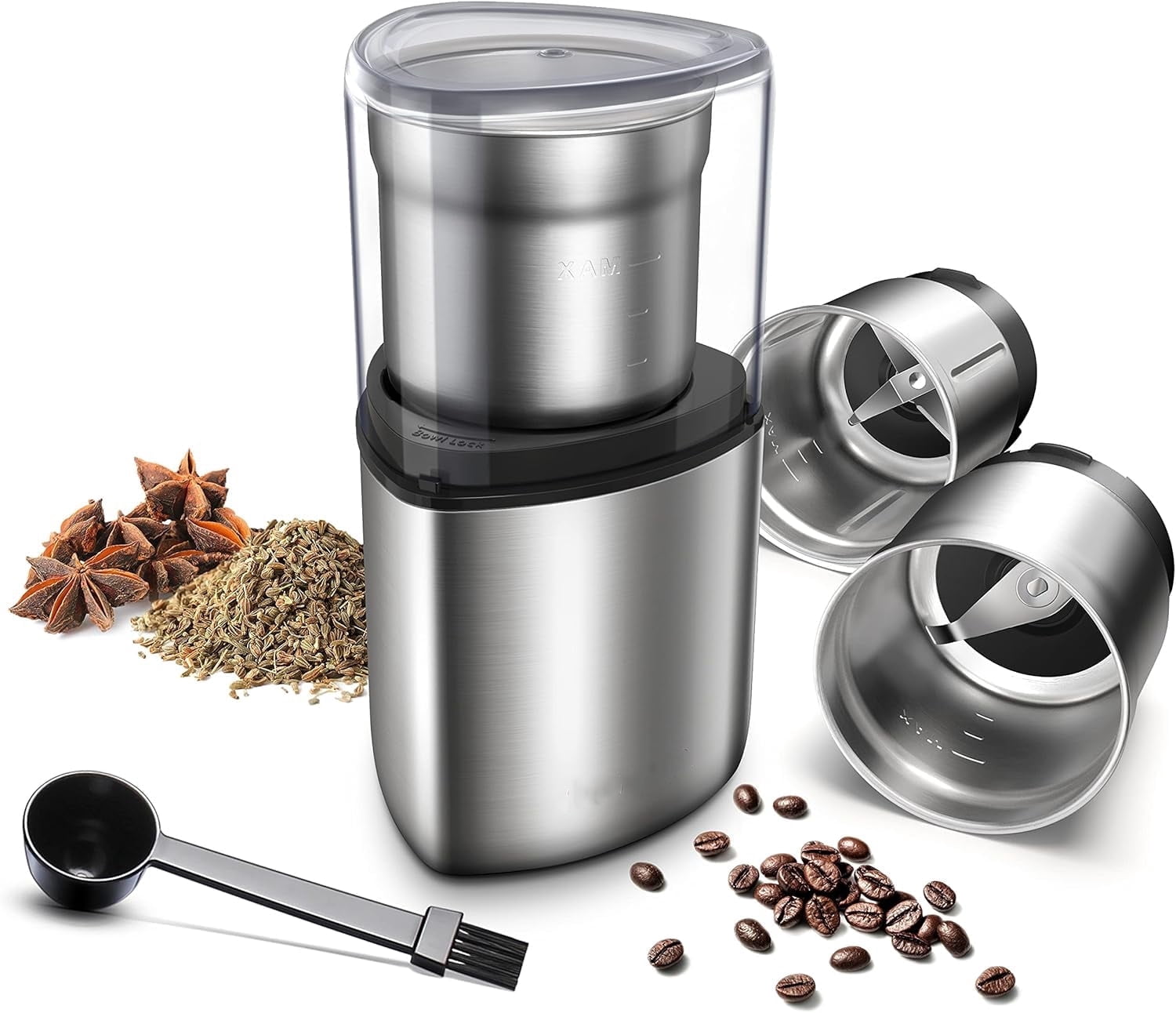 GDOR Coffee Grinder Electric Herb/Wet Grinder for Spices and Seeds with 2 Removable Stainless Steel Bowls, Silver