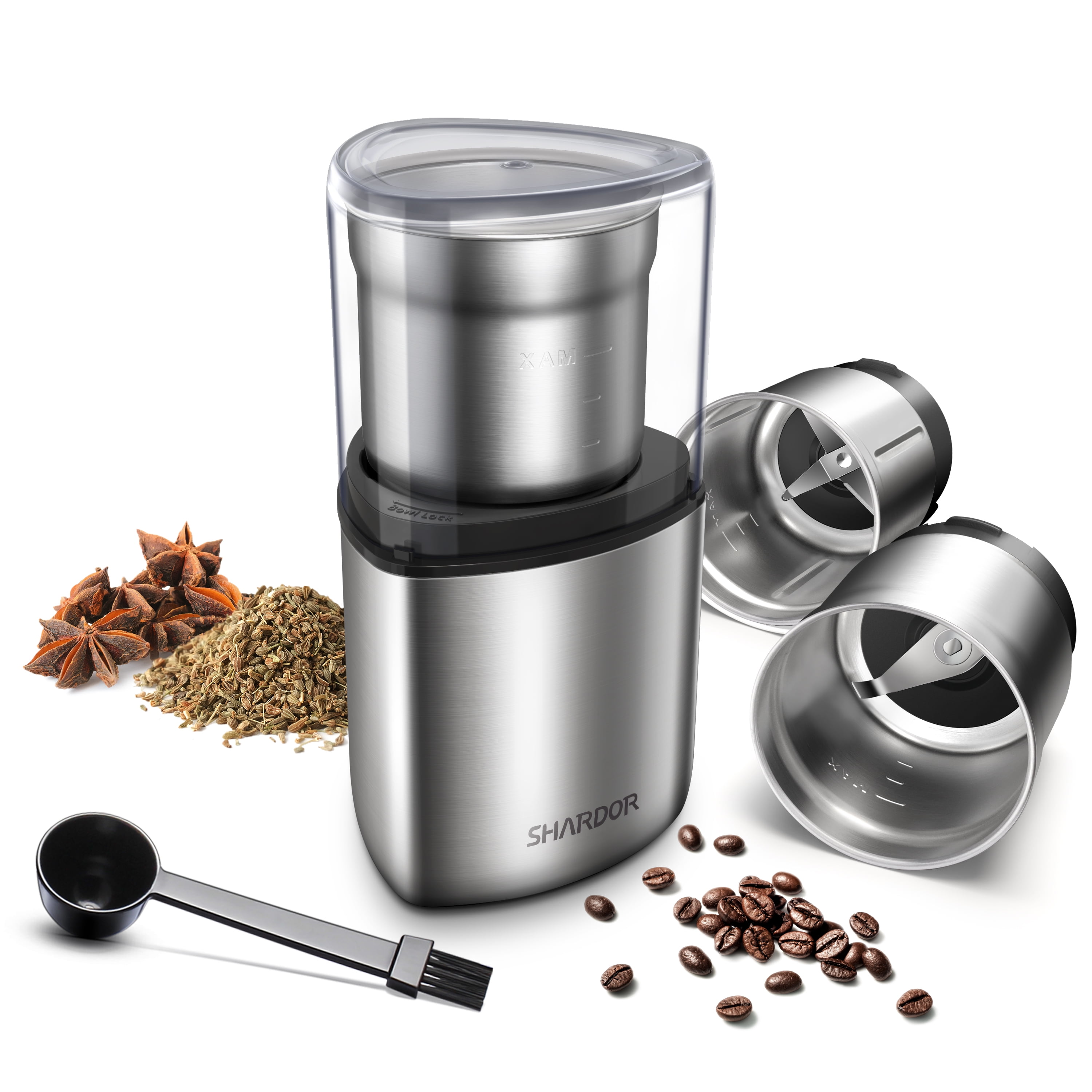 Stainless Steel Electric Coffee and Spice Grinder with Two Bowls