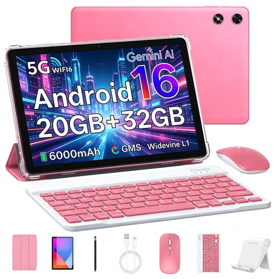 SHARECLOUD 10.1 Inch Tablet With Keyboard, 20GB RAM+32GB ROM/1TB, Android 16 Tablet for Kids Adults, 6000mAh, 2MP+8MP, Widevine L1/BT5.4+WiFi, Pink