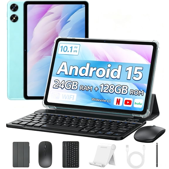 SHARECLOUD 10.1 inch Tablet, Android 15 Tablet with Keyboard, 24GB RAM+128GB ROM/1TB Expand, 6600mAh, WiFi 6, Blue
