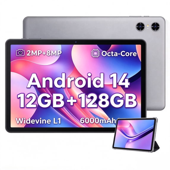 SHARECLOUD 10 inch Tablet, Android 14 Tablet, 12GB+128GB/1TB Expand, Octa-Core Processor, 6000mAh Battery, Gray