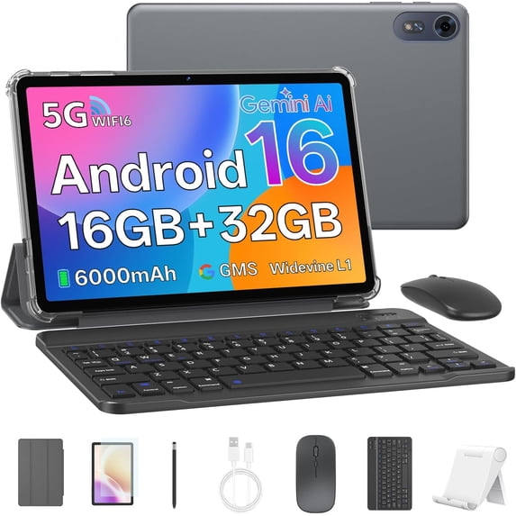 SHARECLOUD 10 inch Tablet with Keyboard, 16GB + 32GB/1TB Expand, Octa-Core, 6000mAh, WiFi 6, Android 16 Tablet, Gray