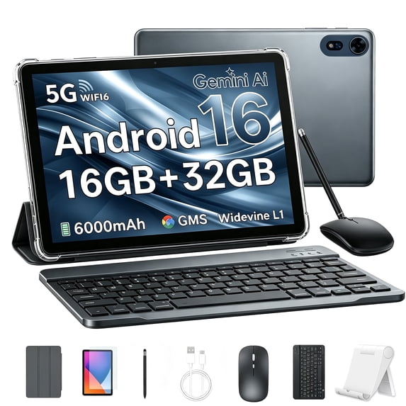 SHARECLOUD 10 inch Tablet with Keyboard, 16GB + 32GB/1TB Expand, Octa-Core, 6000mAh, WiFi 6, Android 16 Tablet, Gray