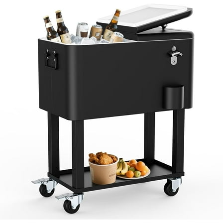 SHAREWIN 60 Quart Cooler Cart with Wheels and Handle, Drink Cooler Carts for Outdoor or Indoor Entertaining, Portable Bar Ice Chests with Bottle Opener & Cap Collector & Drain