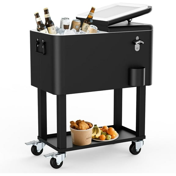 SHAREWIN 60 Quart Cooler Cart with Wheels and Handle, Drink Cooler Carts for Outdoor or Indoor Entertaining, Portable Bar Ice Chests with Bottle Opener & Cap Collector & Drain